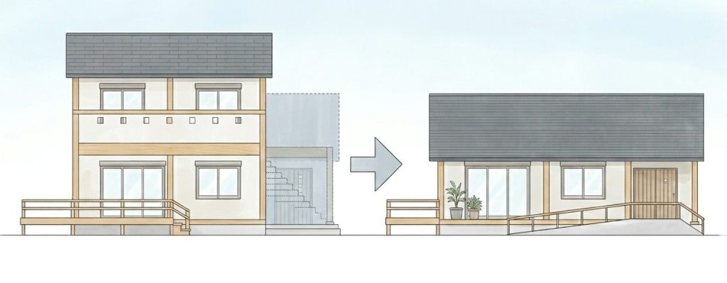 2階建てから平屋への減築リフォームのイラスト